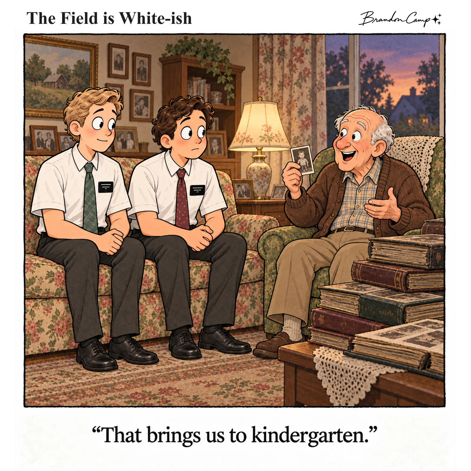 Comic: Two elders sit on a floral couch as an elderly man, surrounded by stacks of photo albums, happily shows them an old childhood photo. Caption: “That brings us to kindergarten.”