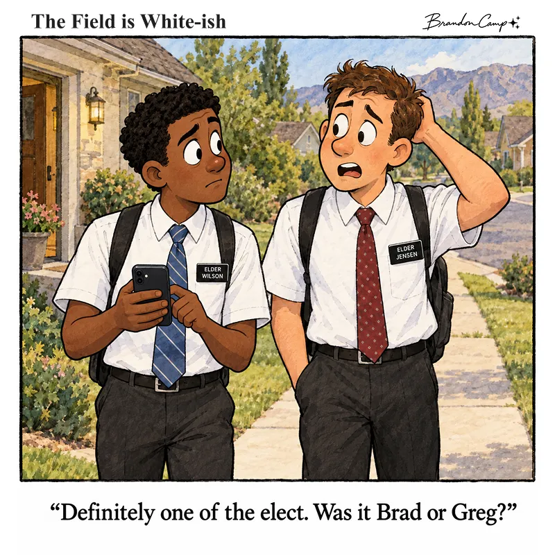 Comic: Walking down a sidewalk, one elder scratches his head trying to remember a name while his companion checks his phone. Caption: “Definitely one of the elect. Was it Brad or Greg?”