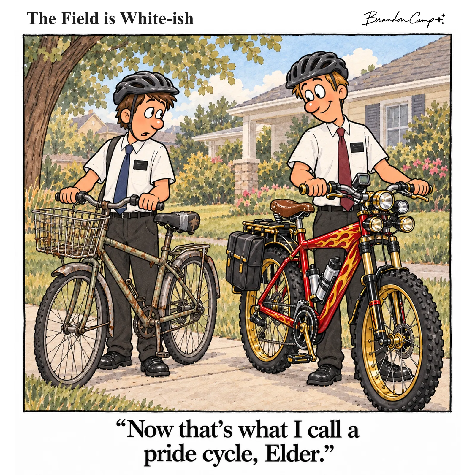 Comic: An elder with a battered basket bike stares at his companion’s flashy red bike with flame decals, headlights, and gold rims. Caption: “Now that’s what I call a pride cycle, Elder.”