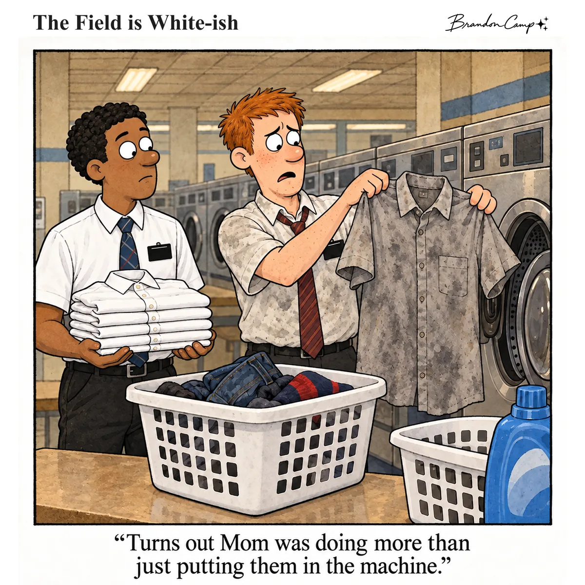 Missionary comic: At a laundromat, a new elder holds up a shirt stained gray from the wash while his companion stands beside him with a neat stack of bright white shirts. Caption: “Turns out Mom was doing more than just putting them in the machine.”