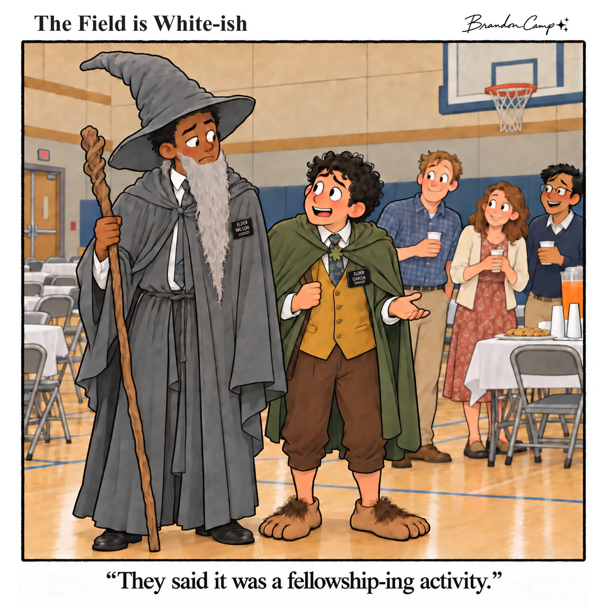 Missionary comic: At a ward activity in a church gym, two elders arrive dressed as a gray wizard and a hobbit, missionary name tags and all, while ward members stare. Caption: “They said it was a fellowship-ing activity.”