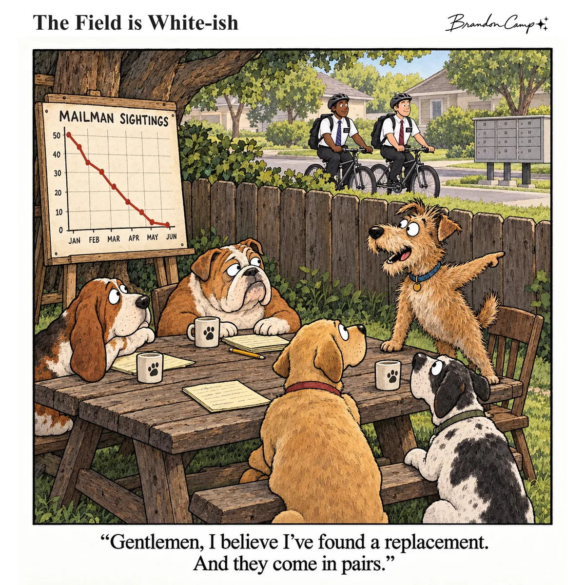Missionary comic: Neighborhood dogs hold a meeting at a picnic table beside a chart of falling mailman sightings, as one dog points to two elders biking past. Caption: “Gentlemen, I believe I’ve found a replacement. And they come in pairs.”